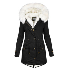 Women's European/American Style Winter Parka Jacket with Collar & Waist-Cinching  - Beige Coat, -Tone Zippers, Pockets - Machine Washable Cold Weather Outerwear (Casual to Formal)