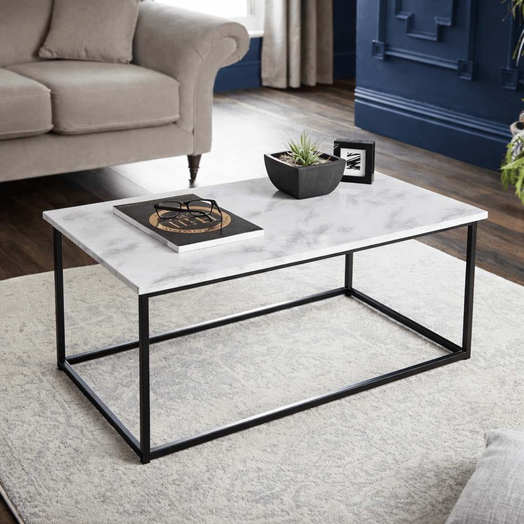 Coffee Table Marble Effect Top Rectangle Centre Table Metal Frame for Living Room