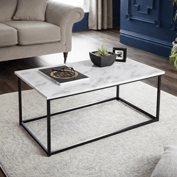Coffee Table Marble Effect Top Rectangle Centre Table Metal Frame for Living Room