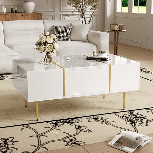 Marble Patterned Countertop Coffee Table with Gold Lines Rectangular Side Table, 2 Drawers, Modern Living Room Coffee Table