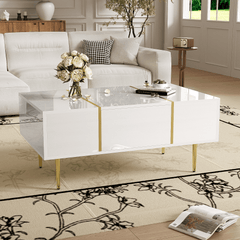 Marble Patterned Countertop Coffee Table with Gold Lines Rectangular Side Table, 2 Drawers, Modern Living Room Coffee Table