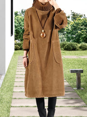 Women'S Elegant Corduroy Dress - Long Sleeve Turtleneck Loose Fit Winter Warm Dress with Pockets, Solid Color (Navy/) - Cozy Fall/Winter