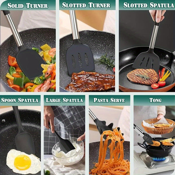 15pcs Silicone Kitchen Utensil Set with Wooden Handles - Non-Stick, Includes Stainless Steel Grater & Bottle Opener, Perfect for Cooking, Baking & Holiday Celebrations.