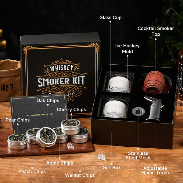 Whiskey Smoker Kit with Torch - 6 Flavors Wood Chips, 2 Glasses, 2 Ice Ball Molds - Cocktail Smoker Infuser Kit, Old Fashioned Drink Smoker Kit, Birthday Bourbon Gifts for Men,Dad(No Butane)
