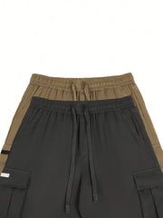 2pcs Men'S Cargo Shorts, Drawstring Waist Multi-Pocket Men'S Shorts