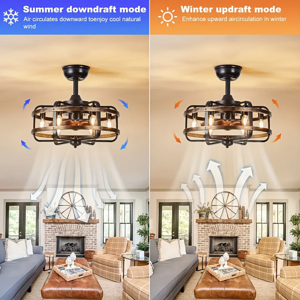 Caged Ceiling Fans with Lights, 50.8 cm Rustic Industrial Flush Mount Ceiling Fan Light, 3-Speed Quiet Reversible Motor, E14 X 6 Base Timing Fandelier Ceiling Fans for Indoor Bedroom, Kitchen, Living Room