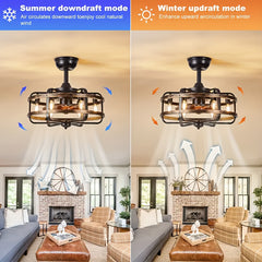 Caged Ceiling Fans with Lights, 50.8 cm Rustic Industrial Flush Mount Ceiling Fan Light, 3-Speed Quiet Reversible Motor, E14 X 6 Base Timing Fandelier Ceiling Fans for Indoor Bedroom, Kitchen, Living Room