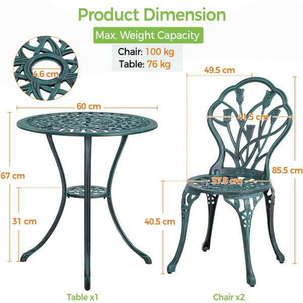 Costoffs 3pcs Patio Bistro Table Set with Umbrella Hole Outdoor Furniture Antique Aluminium Chair Rose Vine Dining Set for Garden Backyard Porch Balcony Lawn Pool