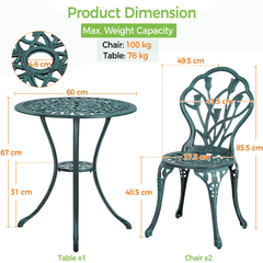 Costoffs 3pcs Patio Bistro Table Set with Umbrella Hole Outdoor Furniture Antique Aluminium Chair Rose Vine Dining Set for Garden Backyard Porch Balcony Lawn Pool
