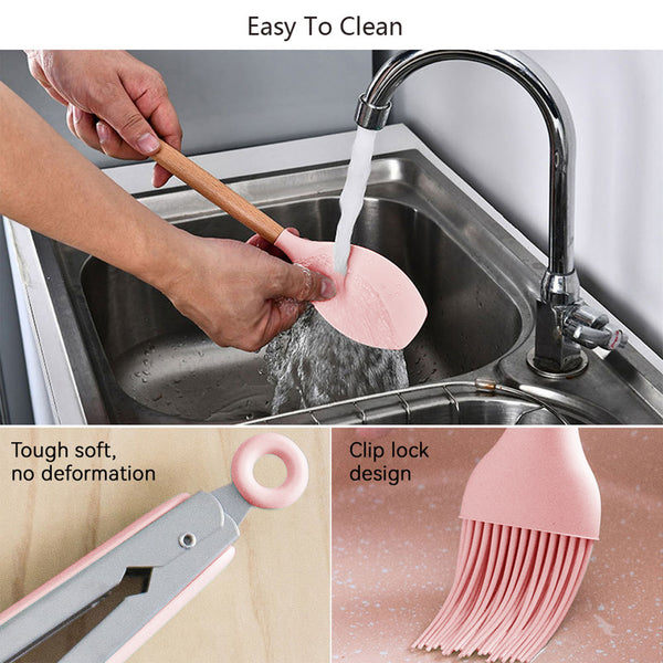 12pcs Spatula Spoon Cooking High Temperature Resistant Food Grade Silicone Household Kitchenware Spoon Spatula Set, Pink