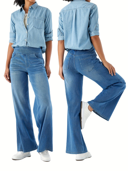 Women'S High-Waist Stretch Denim Wide-Leg Pants with Multiple Pockets, Distressed Vintage Casual Denim Long Pants