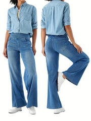 Women'S High-Waist Stretch Denim Wide-Leg Pants with Multiple Pockets, Distressed Vintage Casual Denim Long Pants