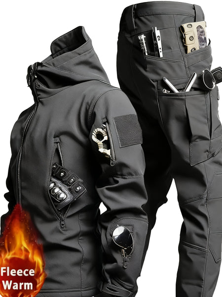 Men'S Soft Shell Winter Two-Piece Set with Multi-Pocket Fleece Jacket And Pants