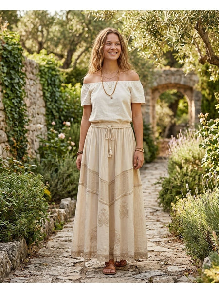 Women'S Indian Boho Maxi Skirt, Embroidered Drawstring Tiered Skirt 18654