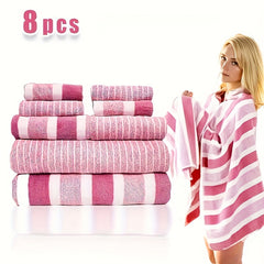 8-Piece Non-Shedding Super Absorbent Ultra-Soft Five Star Hotel Standard Two-Tone Striped Bath Towel Set