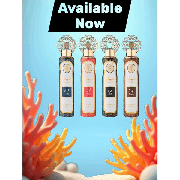 Dubai Luxury Air Freshener Set 4×300 ml — Amal • Emaan • Malika • Oud | Long-Lasting Natural Oil Spray for Home, Kitchen, Office, Car, and Bathroom