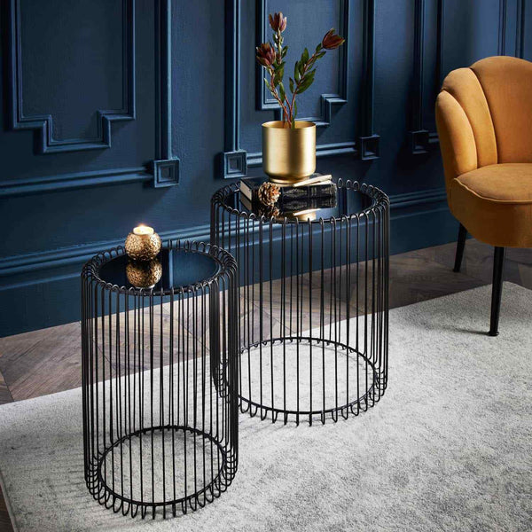 Set of 2 Round Cage Coffee Tables with Mirrored Tops Modern Side Tables for Living Room Decor