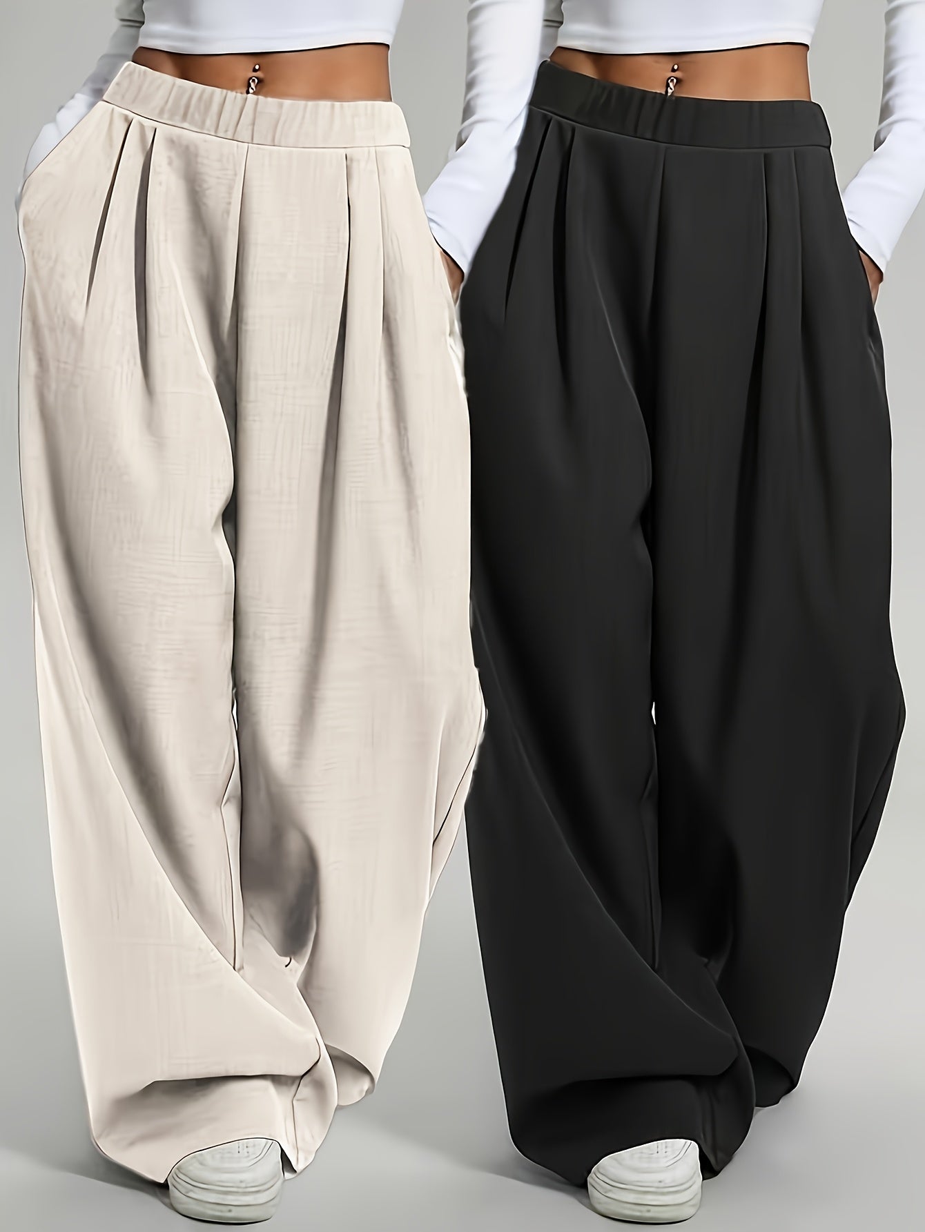 Elegant Set of Two Solid Color Casual Wide-Leg Pants