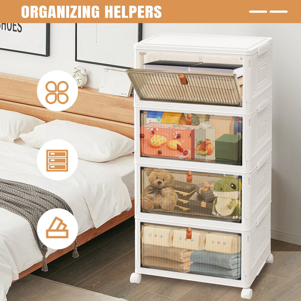 Storage Boxes with Lid - 3/4/5 Tier Plastic Storage Box with Lid, Stackable Storage Boxes with Wheels, Storage Drawers with Front Door, Plastic Box for Home and Office, White