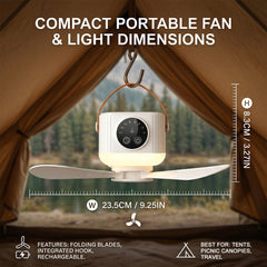 Hanging Camping Fan With Remote And Led Lamp. Rechargeable Tent Ceiling Fan. Delivers Powerful Soft Airflow With Foldable Blade Design. Supports 1‑2‑6‑8 Hour Timer Function For All‑Night Use. Adopts Type‑C Fast Charging With Long Battery Runtime. Adds Aro