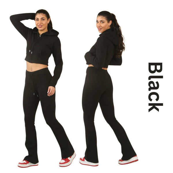 ZIPLORE Women'S Cropped Zip Hoodie and High-Waisted Bell Bottom Trousers Lounge Set for Casual, Athleisure & Streetwear - Suits, Womenswear Long Sleeve Minimalist Suits Womenswear Comfort Adjustable Clothing Drawstring Elegant Everyday Chic Loungewear Mat