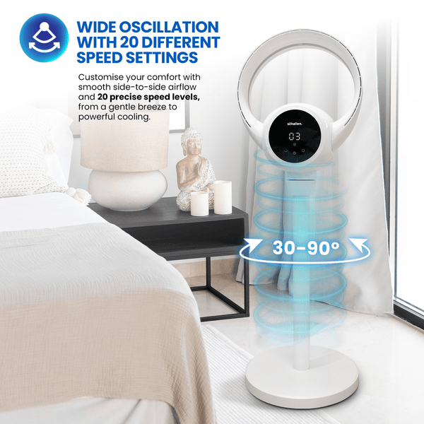Schallen White 2 In 1 Bladeless Fan Floor and Desk Table Fan with Digital Display and Remote Control, Quiet Adjustable Cooling Fan for Home Office Bedroom, Modern White and Black Tower Fan with Safe Bladeless Airflow, Portable Standing or Desktop Fan with