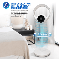 Schallen White 2 In 1 Bladeless Fan Floor and Desk Table Fan with Digital Display and Remote Control, Quiet Adjustable Cooling Fan for Home Office Bedroom, Modern White and Black Tower Fan with Safe Bladeless Airflow, Portable Standing or Desktop Fan with