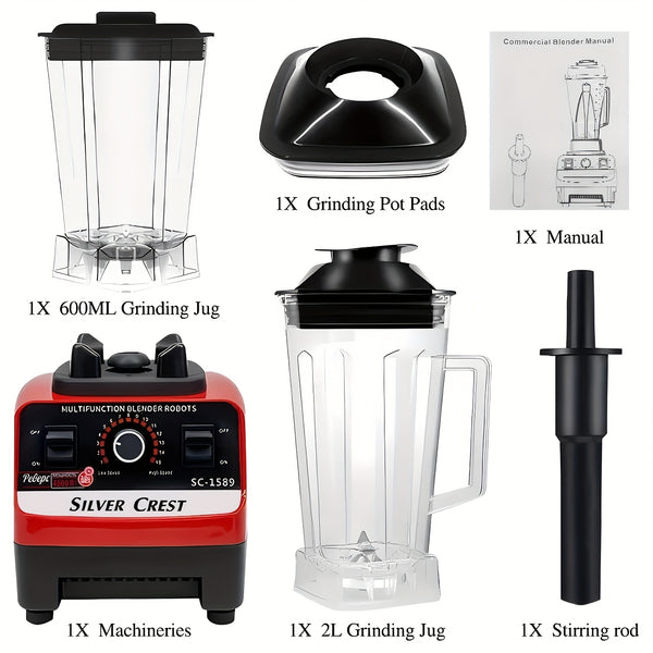 Heavy-Duty 15-Speed High-Power Blender Set with 2L+600ml Large Capacity, 6-Blade Motor & Automatic Juicer/Slushy Machine - Multifunctional Food Processor for Smoothies, Food, Ice Crushing, Shakes, Purees - Plug (220-240V)