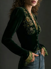 Directed Women'S Fashion New Elegant Floral Velvet Shirt Top, Long Sleeves, Lace Stitching, Slim Fit, Solid Color [Gavin]