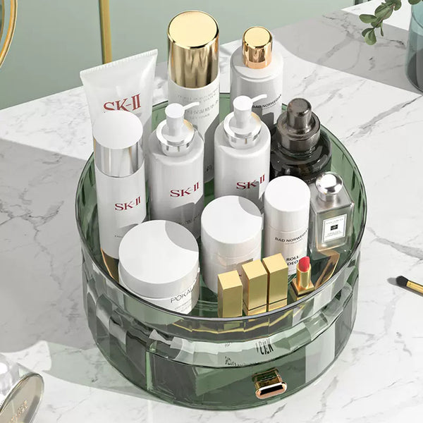 Makeup Organiser for Vanity, 360 Rotating Bathroom Organiser Countertop, High-Capacity Skincare Organiser, Spinning Cosmetics Organiser for Vanity Dresser Bathroom (2 Tiers, Green)