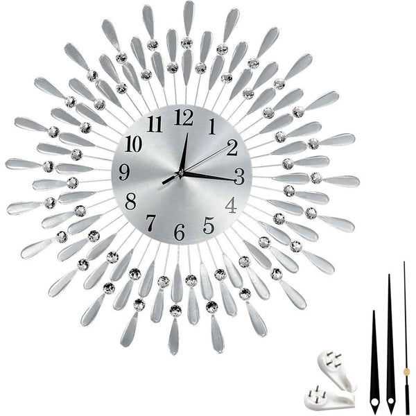 Crystals 60cm Large Metal Wall Clock – Luxury Sunburst Design, Handcrafted Diamante Beaded Clock for Living Room, Modern Decorative Wall Clock for Home & Office (Silver)