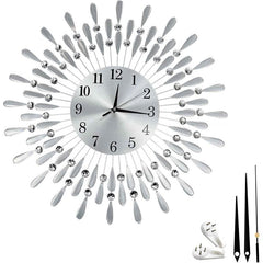 Crystals 60cm Large Metal Wall Clock – Luxury Sunburst Design, Handcrafted Diamante Beaded Clock for Living Room, Modern Decorative Wall Clock for Home & Office (Silver)