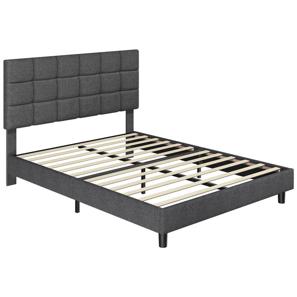 Costoffs Upholstered Bed Frame, Fabric Bed Frame with Fabric Headboard, Modern Platform Bed Frame with Strong Wooden Slats, Support and Square Tufted Headboard Height Adjustable, Double/King, Dark Gray/Light Gray/Beige
