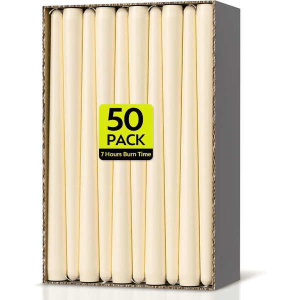 50-Pack Long Taper Candles - Unscented Ivory Tapers for Wedding, Church, Banquet - Real Wax Burning Candles Suitable for Chandeliers, Dinner Candles, Romantic Decor ( Use)