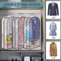MISSLO Gusseted Clear Suit Covers Garment Bags for Clothes 100Cm Waterproof Cothes Covers Protector Bags with Side Zip for Coats, Shirts, Dresses, 3 Packs
