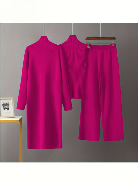 2025 newest suit high elasticity Women's loose suit, long wide-legged pants + shawl cardigan + turtleneck sweater fashion three-piece set Can be worn up to 70kg Suitable for female