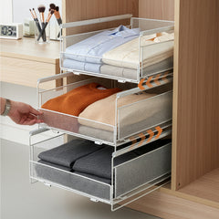 3pcs Stackable Wire Metal Frame Organizer for Wardrobe, Foldable and Stackable Metal Wire Storage Basket, Layered Pull-Out Drawer Organizer, Dormitory Storage Basket, Clothes and Clothing Basket, Partitioned Drawer Style Closet