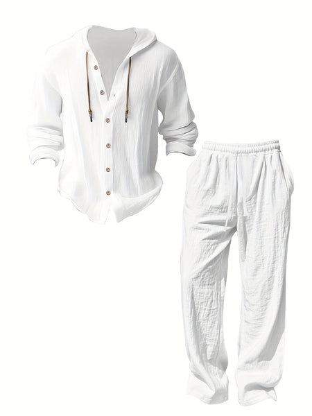 Men's Fashion Lightweight Linen Long Sleeve Hoodie + Pants Set, Solid Color, Versatile Moisture-Wicking Quick- Non-Stretch Fabric, Regular Fit with Drawstring Details, Ideal for Beach, Outdoor Leisure, Vacation, Parties, Straight-Leg Design, Machine