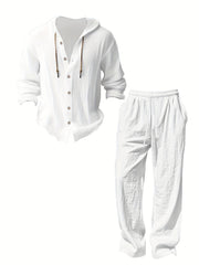 Men's Fashion Lightweight Linen Long Sleeve Hoodie + Pants Set, Solid Color, Versatile Moisture-Wicking Quick- Non-Stretch Fabric, Regular Fit with Drawstring Details, Ideal for Beach, Outdoor Leisure, Vacation, Parties, Straight-Leg Design, Machine
