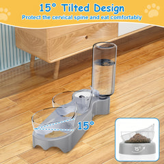 3-In-1 Pet Feeder, Pet Bowl, 40.01cm*9.3cm, Local Inventory Shipment, Triple Cat Bowl for Food And Water, Plastic Raised Cat Dish, Automatic Water Bottle, Food Bowl And Waterer Set, 15° Neck Guard, Dry And Wet Food Bowl Set for Cats