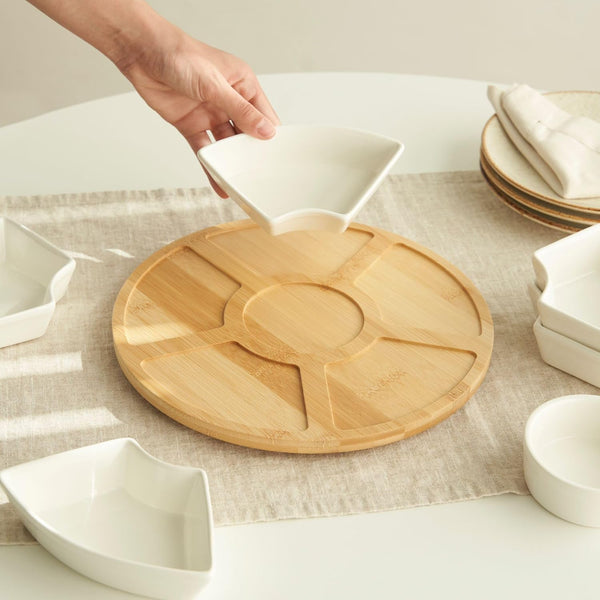 Christmas Divided tray as condiment bowl & snack platter, white buffet set for parties Rotating Snack Tray with 6 Removable Bowls Ceramic Divided Rotating Ceramic Serving Platter with Cover, Lazy Susan Storage Box for Taco Toppings, Snacks, Dip Sauces, Ki
