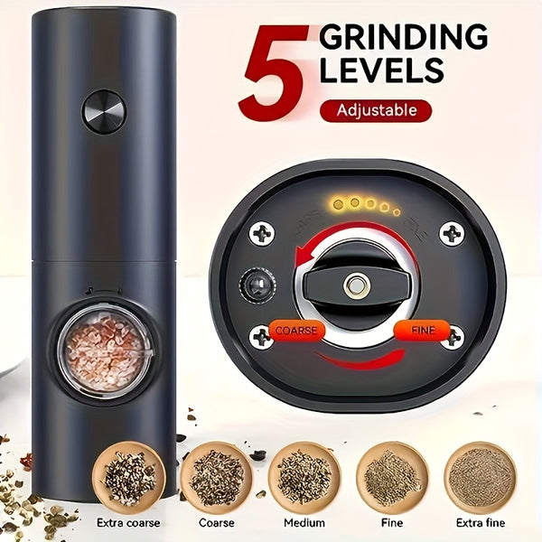Electric Salt and Pepper Grinder Set, 2pcs with Base and Cleaning Brush, Adjustable Grind Coarseness, LED Lighting, Suitable for Kitchen/BBQ/Restaurant, Kitchen Table Seasoning Tool or Gift, Black