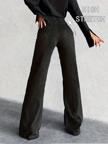 High-Waisted Mid-Blue Stretchy Denim Slightly Flared Pants That Enhance The Buttocks And Create a Effect in a European Style