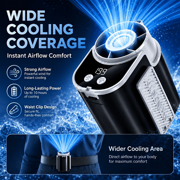 Portable Wearable Belt Fan with AI Oscillation & Flashlight - Clip-On Hands-Free Cooling System Suitable for Camping, Hiking, Night Shift, /Outdoor Use, - Fan for and Night Patrols