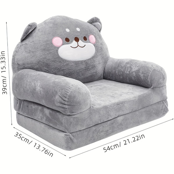 Cozy Kid Folding Sofa, Plush, Washable Lounge Chair for Playroom & Nursery, Gray Dog Style Foldable Wide Handle Soft Breathable Toddler Chair for Reading Relaxing Sleeping(2 Layers)