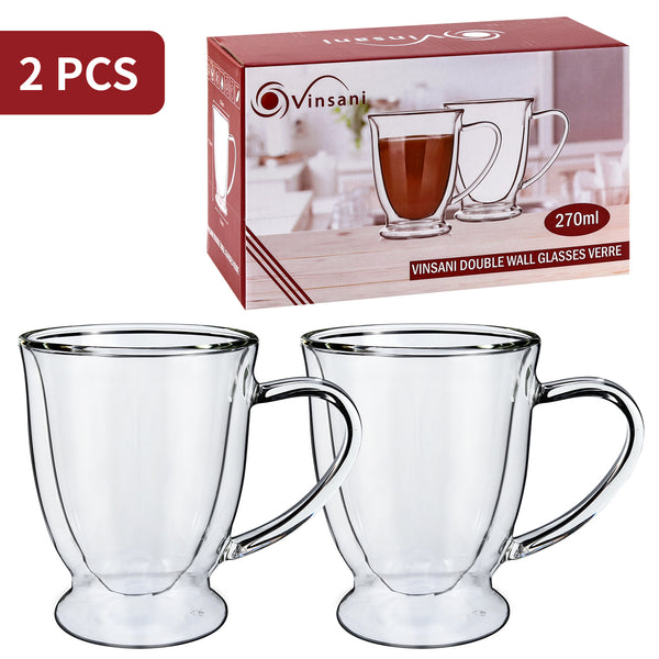 Vinsani Double Walled Coffee Drink Glasses Tea Cup Mug Heat Cold Resistant Aesthetic Clear Borosilicate Glass with Handle Cappuccino Latte Tea Dessert Hot and Cold Drinks