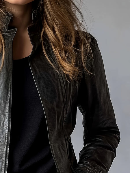 PU Spring, Summer, And Autumn Casual Pocket Slim Mid-Length Cardigan Jacket, Retro Long-Sleeved Motorcycle Jacket, Stand-Up Collar Style, Women'S Zippered Cardigan, Long-Sleeved Top, Ideal for Outings, Commuting, And Parties