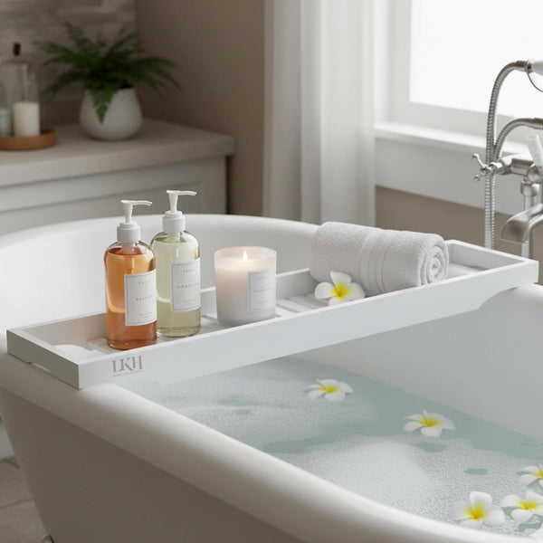 LKH Bamboo Wooden Bath Caddy Tray - Strong & Durable, Prevents Spills, & Water-Resistant Bathtub Tray for Across the Bath | Luxury Bath Shelf for Relaxation, Reading & Drinking - Gift Idea