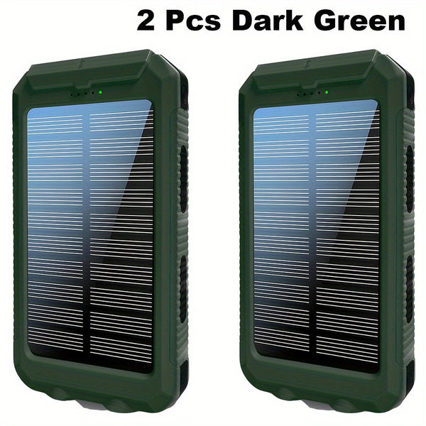 2pcs 20000mAh Portable Solar Power Bank, Portable Solar Mobile Phone Charger, Camping External Battery Charger for Mobile Phones, 2 USB/ LED Flashlights with Compass for Outdoor Activities