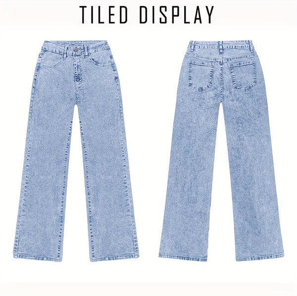 Women's New Fashion Stretchy Straight Jeans, Loose Comfort Fit Wide Leg Jeans, Acid Washed Light Blue Denim Trousers with Pockets, Elegant Women's Clothing, High Waisted Tummy Control Pantalones. Baggy Casual Pants for Travel, Work and Office Wear.